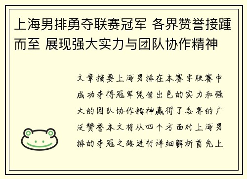 上海男排勇夺联赛冠军 各界赞誉接踵而至 展现强大实力与团队协作精神
