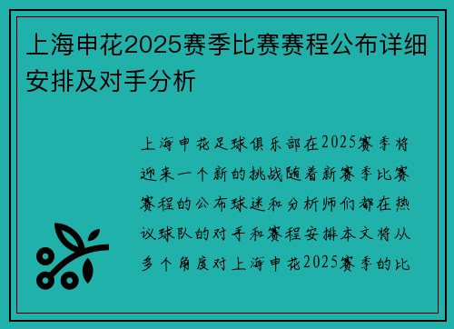 上海申花2025赛季比赛赛程公布详细安排及对手分析