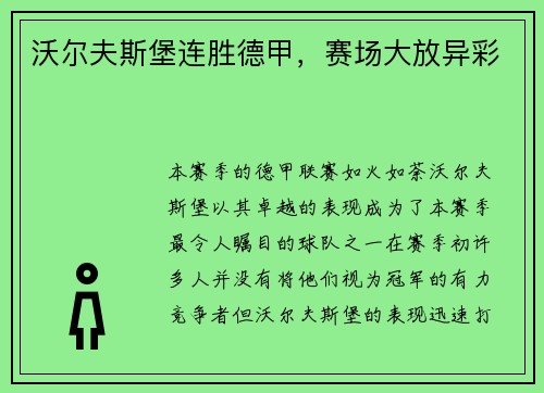 沃尔夫斯堡连胜德甲，赛场大放异彩