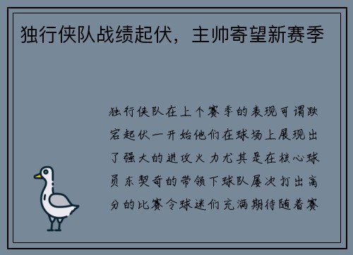 独行侠队战绩起伏，主帅寄望新赛季